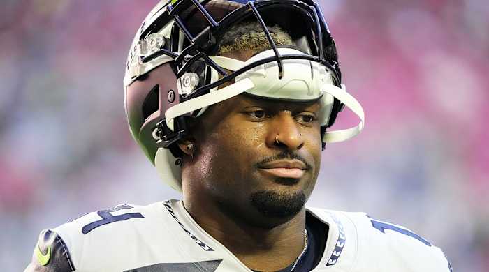 Seahawks wide receiver DK Metcalf (14) during pregame warmups against the Cardinals.